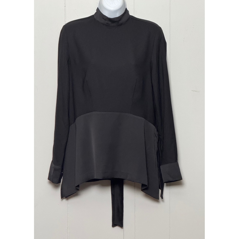 H&M Black Mock Neck Tie Back Peplum Blouse Long Sleeve Top Size 8